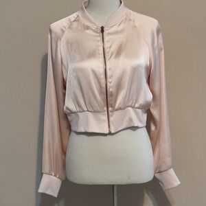 Sz M Medium Zara Basic lightweight light pink peach Satin Cropped jacket W/B Col